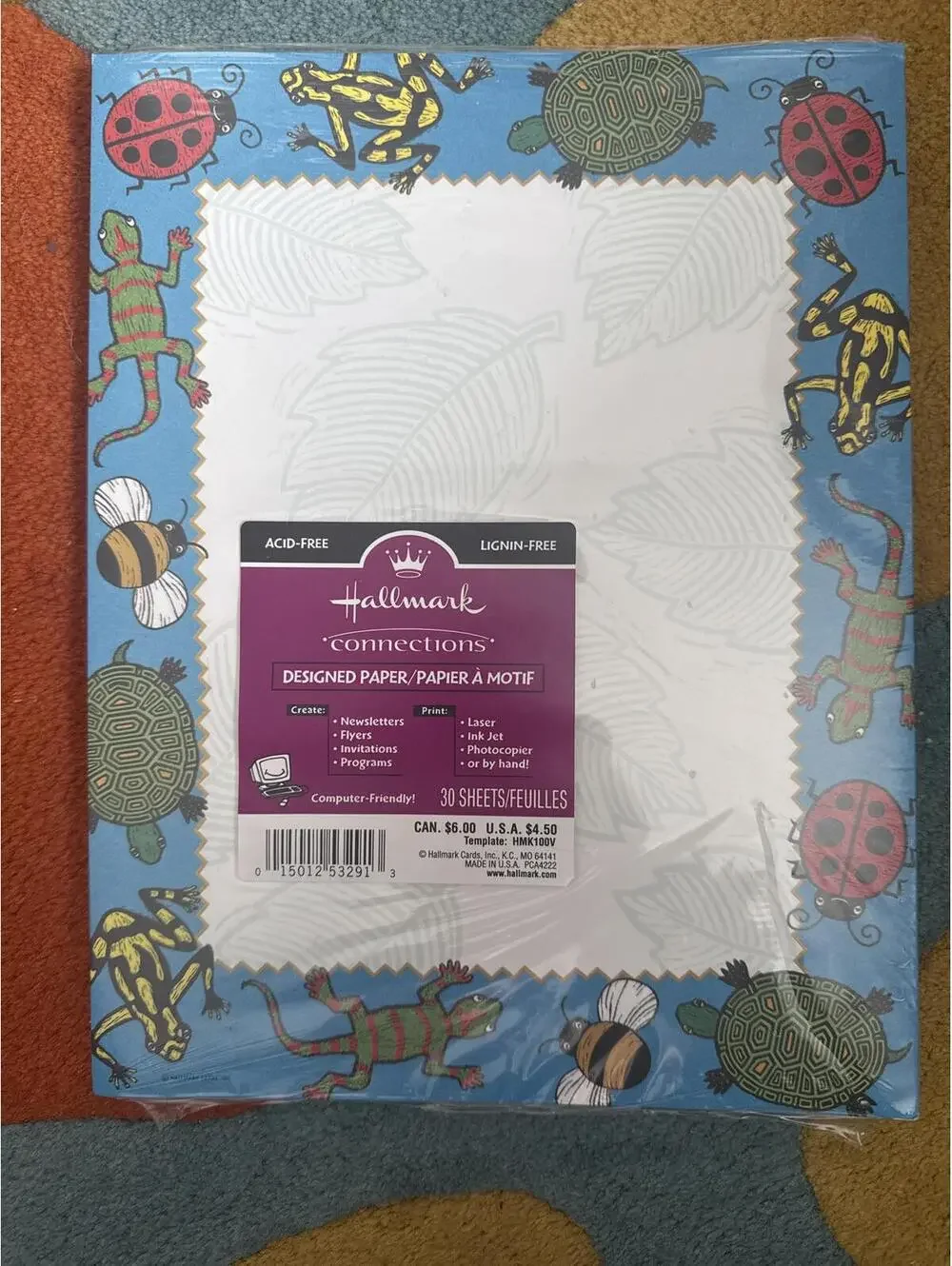 Hallmark Animal Border Stationery Paper 30 Sheets Frog Turtle Bee